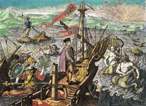 Imagen del viaje de Colón grabada por Theodor de Bry.
