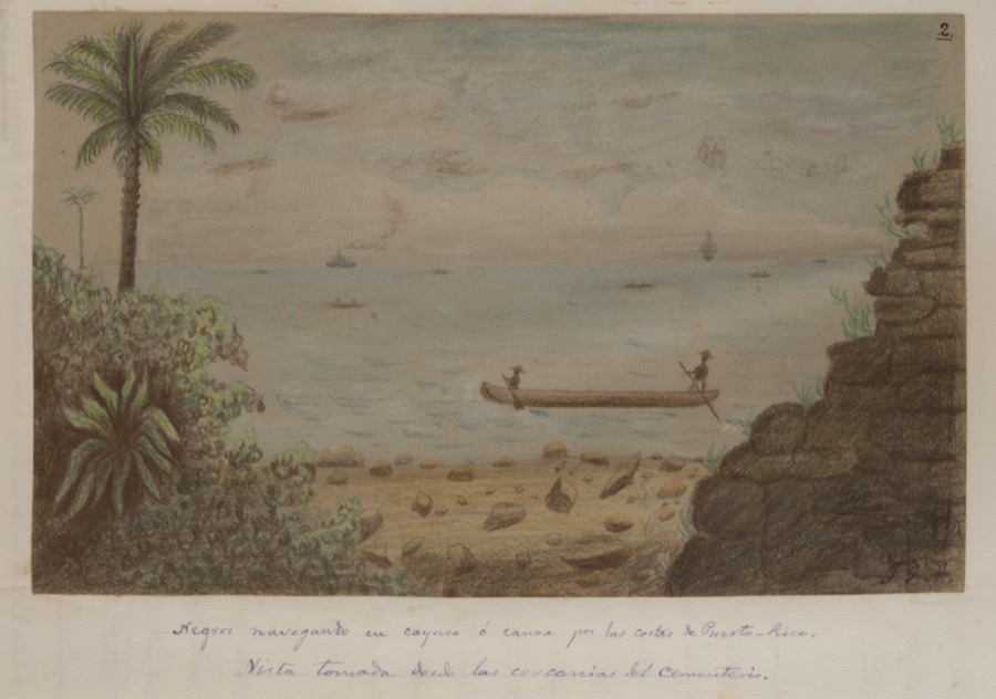 Negros navegando en cayuco o canoa por las costas de Puerto Rico