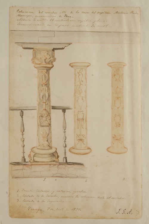 Columna del corredor alto de la casa del capitán Antonio Ruiz Mancipe, encomendero de Toca