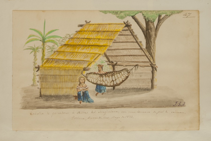 Cabaña de pescadores a orillas del Magdalena, con una hamaca de piel de caimán