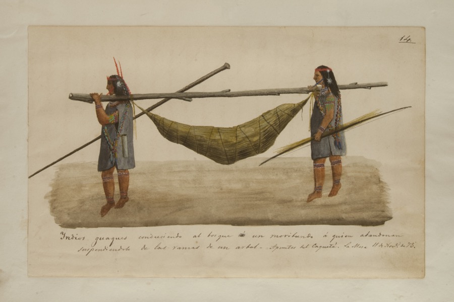 Indios guaques conduciendo al bosque a un moribundo