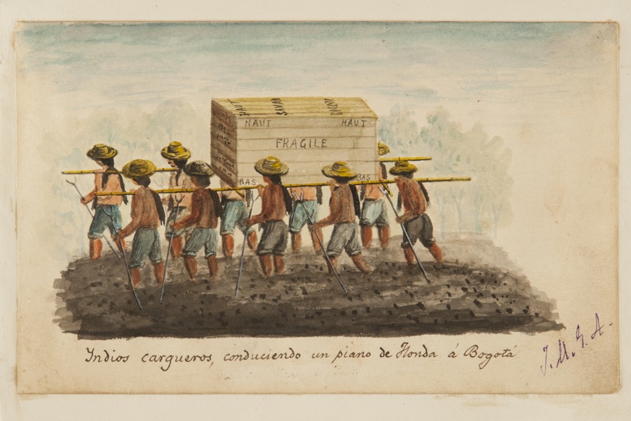 Indios cargueros conduciendo un piano de Honda a Bogotá