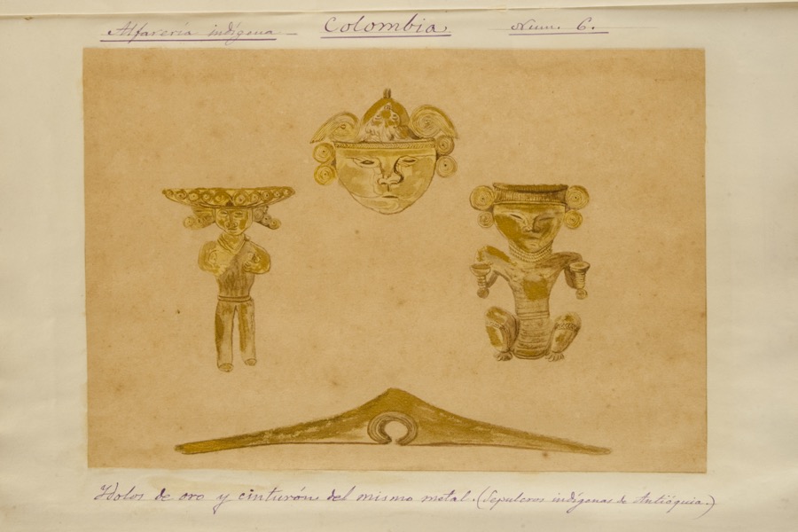 Ídolos de oro y cinturón del mismo metal (sepulcros indígenas de Antioquia)