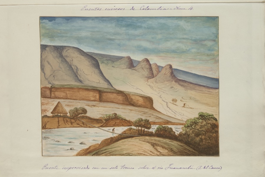 Puente improvisado con un solo tronco sobre el río Juanambú (Estado del Cauca)