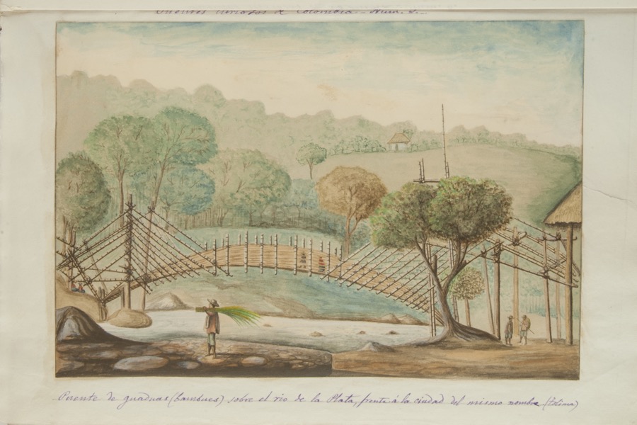 Puente de guaduas (bambúes) sobre el río de La Plata, frente a la ciudad del mismo nombre