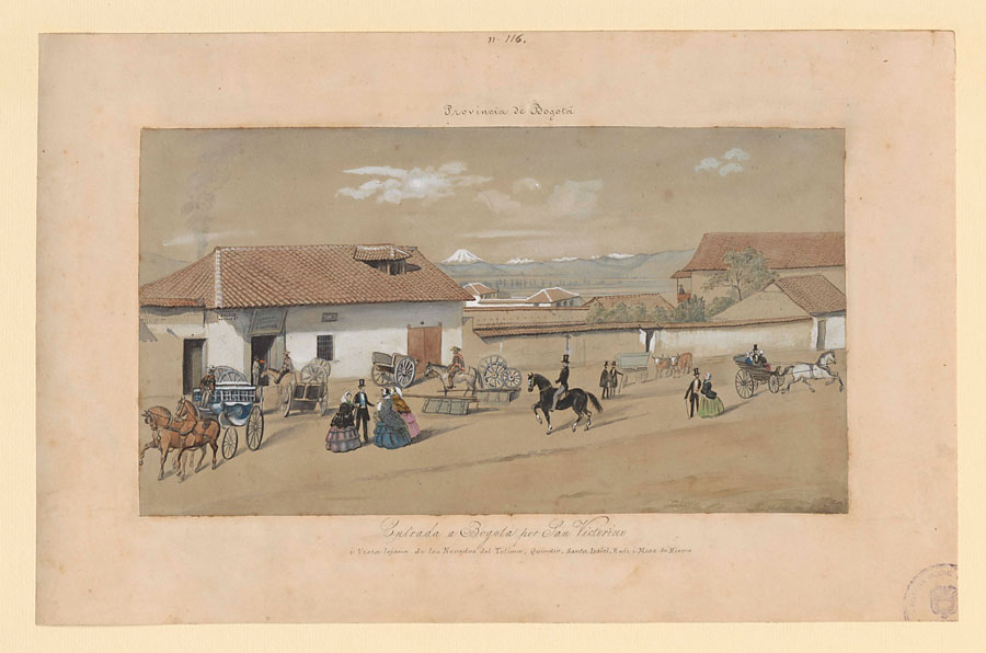 Entrada a Bogotá por San Victorino i vista lejana de los nevados del Tolima, Quindío, Santa Isabel, Ruíz i Mesa de Herveo